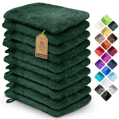 Immagine di NatureMark Confezione da 10 guanti bagno in spugna, salviette 100% cotone, 15 x 21 cm, di colore Verde scuro