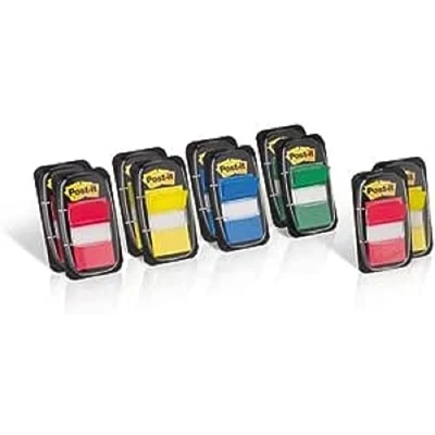 Immagine di Post it bandiere per indice, medie, colori assortiti, 10 + 2 dispenser in omaggio, 25,4 mm x 43,2 mm, 50 dispenser, contrassegnare, evidenziare o codificare colore Informazioni