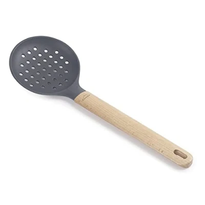 Immagine di Lacor 68188 Schiumarola in silicone Unite Paletta Foratura Professionale, Manico legno di faggio, non dance la padella, resistente alle alte temperature, senza BPA, lunghezza: 34 cm, Ø11, grigio