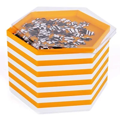 Immagine di Becko Vassoio impilabile puzzle con coperchio, accessori per fino a 2000 pezzi, 12 vassoi esagonali in bianco e arancione