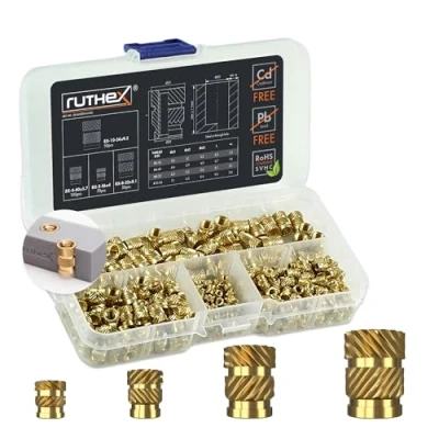 Immagine di ruthex Inserti filettati 3D #2 56/#4 40/#8 32/#10 24 UNC, in scatola da 70 + 100 50 pezzi, boccole filettate ottone senza piombo, dadi a pressione per parti plastica di stampe
