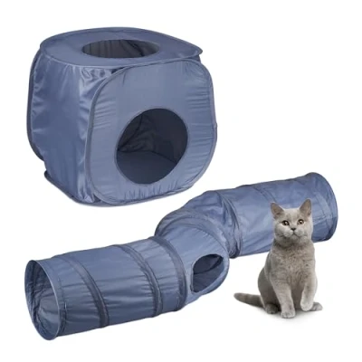 Immagine di Relaxdays Tunnel per Gatti e Cuccia Pieghevole, Set Casetta Tubo a 4 Uscite, Cat Toy 2 in 1, Gioco Conigli, Grigio