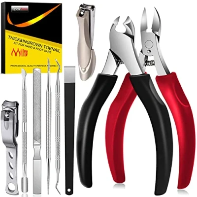 Immagine di Set di forbici professionali per unghie, pinze tagliaunghie in acciaio inox, con lima unghie e riparazione spesse incarnite (9 pezzi, nero+rosso)