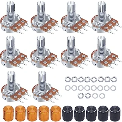 Immagine di Taiss/10 Pezzi 1K Ohm Potenziometro Rotativo a Cono Lineare, Regolabile 3 Terminale B Tipo Potenziometro,per Controllo Volume +Manopola(Nero e Oro 5 ciascuno) con Dado Rondella WH148 B1K