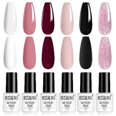 Immagine di ROSALIND Smalto Semipermanente Unghie, 6 Colori Rosso Nero Bianco Rosa Glitter Smalti Semipermanenti per Unghie Soak Off Gel UV Principianti