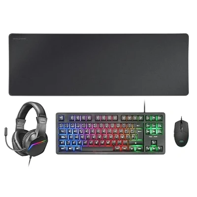 Immagine di Mars Gaming MCP RGB3, Pack Tastiera Fixed RGB + Mouse Flow 3200 dpi Cuffie Over Ear Tappetino XXL, Nero, Lingua spagnola
