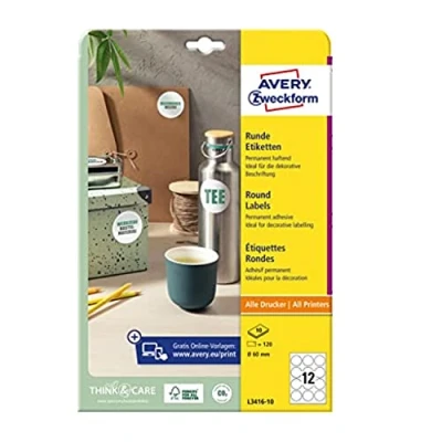 Immagine di Avery Zweckform L3416 10 Etichette rotonde (120 adesivi su fogli, per stampa, autoadesive, Ø 60 mm, A4, punti contrassegnare documenti, prodotti), bianco