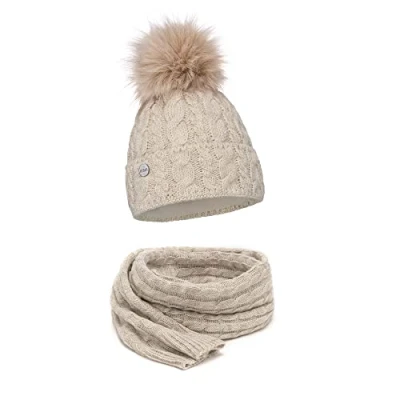 Immagine di ELIMELI® berretto invernale da donna in maglia con pompon, realizzato UE, Beige Set sciarpa, Taglia unica