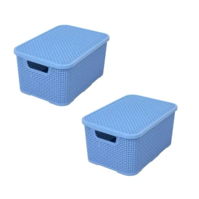 Immagine di BranQ Home essential Set di 2 cesti con coperchio in rattan, misura M 10 l, plastica PP senza BPA, blu denim, 28,8 x 19,7 16,2 cm, pezzi