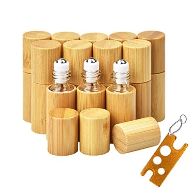 Immagine di AUHOTA Flacone roll on in bambù da 5 ml per oli essenziali, bottiglia portatile olio massaggio, interno trasparente, con sfera a rullo acciaio inossidabile, contenitore ecologico
