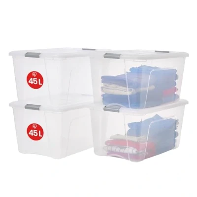 Immagine di Iris Ohyama Scatole Portaoggetti in Plastica con Coperchio, 45L, Lotto di 4, Argento, Clip Bloccaggio, Empilabile, Maniglia, Per Camera, Armadio, Ufficio, Organizzatore, Senza BPA Plastica,