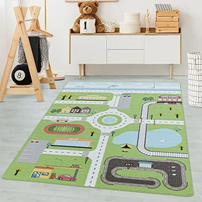Immagine di Tappeti per bambini, colore verde, disegno di strada, 105245, tappeto rettangolare, camera dei 140 x 200 cm
