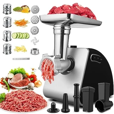 Immagine di COOCHEER Tritacarne Elettrico 2000W, 5 in 1 Multifunzione Tritatutto con 3 piastre di macinatura, 4 lame a cono, Kuba e accessorio da pasticceria