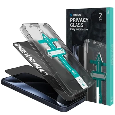 Immagine di Deppa [2 Pezzi Privacy Vetro Temperato iPhone 15 Pro Max (6.7) [a Copertura Totale] con Kit per Installazione Facile Anti Spy Spia Opaca Pellicola, Vetrino, Protezione, Schermo