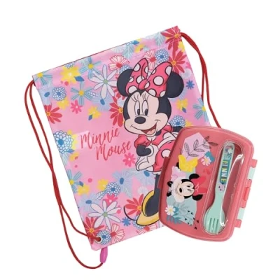 Immagine di Sorrisini Contenitore Pranzo con Posate per Bambini, Lunch Box, Porta Merenda, Sacca Sportiva Bag Scuola Asilo, Zaino Ginnastica Gite, Minnie