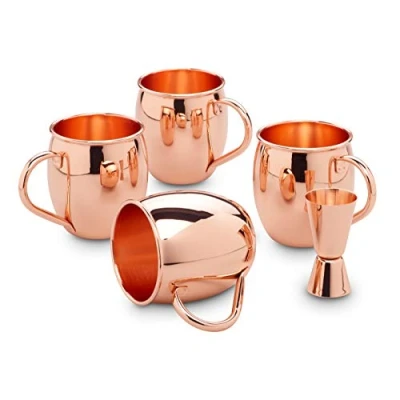 Immagine di ECHTWERK set di tazze in rame, bicchieri acciaio inox, da cocktail perfetti per gin e bevande fredde, regalo, 4x rame 500 ml, 1x jigger 2 cl/4 cl, argento