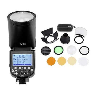 Immagine di Godox V1S Speedlight Round Head Wireless 2.4G Fresnel Zoom per Sony a7RII a7R a58 a99 ILCE6000L a7RIII a7R3 a9 a77II a77 a3 a350 + Kit accessori flash tascabili AK R1 (V1 S R1)