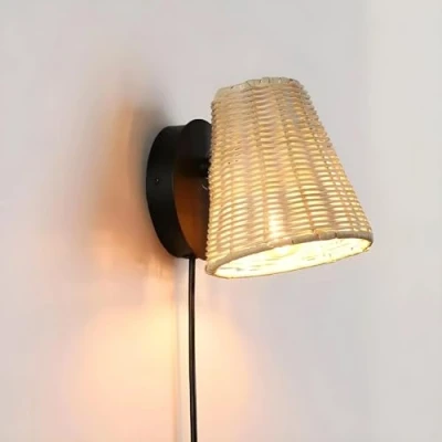 Immagine di B·LED BARCELONA LED BarcelonaLED Applique da parete, con paralume orientabile, in bambù vimini cavo spina e interruttore per porta E27, soggiorno, comodino testiera