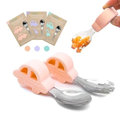 Immagine di CROCOKID DME Set di Posate da apprendimento per Bambini, 12 Mesi, Cucchiaio + forchetta ergonomica a Forma Auto (Pesca)