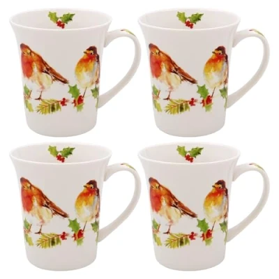 Immagine di Lesser &amp; Pavey Set di 4 tazze natalizie con pettirossi invernali, idea regalo per Natale, tazza a tema pettirosso, design del Regno Unito, bevande calde, tè, caffè, bicchieri natalizi