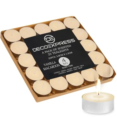 Immagine di DECO EXPRESS Candele Tealight 24, 25, 50, 100, 200 Pezzi, Lunga Durata 4/8/10 Ore Vari Colori (Macaron alla vaniglia 25/4 ore)