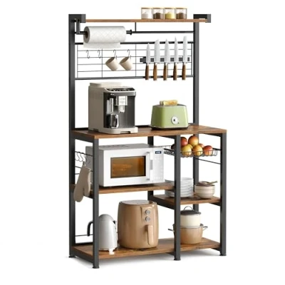 Immagine di VASAGLE Scaffale Cucina, per Microonde, Mobile Cucina con Portacoltelli Magnetico, Cestino, Portarotolo, 12 Ganci, Marrone Vintage e Nero KKS026B01