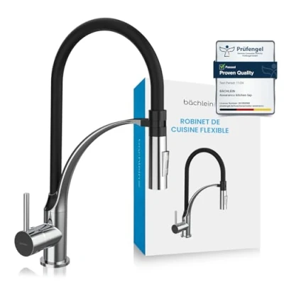 Immagine di Bächlein Rubinetto da cucina girevole a 360 gradi (acciaio inox spazzolato) con doccetta estraibile e interruttore Miscelatore per lavello collo flessibile supporto magnetico