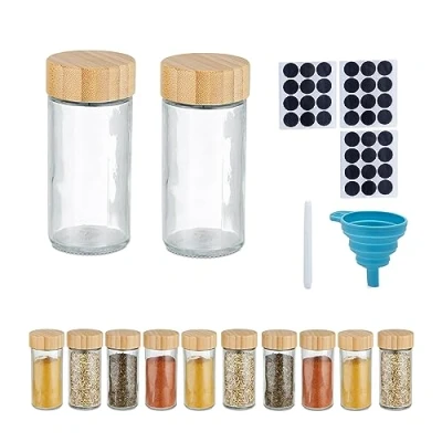 Immagine di Relaxdays Barattoli Spezie, Set di 12 Vasetti Vetro 150 ml, Contenitori con Coperchio in bambù, Etichette e Imbuto, Cartone
