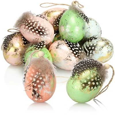 Immagine di com four® 12x Uovo di Pasqua da Appendere Uova con Piume Decorazione per Cespuglio a Forma Quaglia