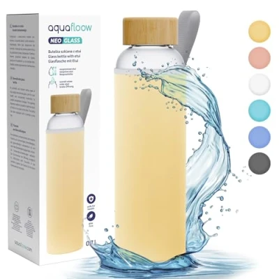 Immagine di Aquafloow Borraccia con Custodia 700 ml in Vetro, Borosilicato Trasparente Coperchio Protettivo e Tappo a Vite Ideale per Lavoro, Scuola, Fitnes Giallo