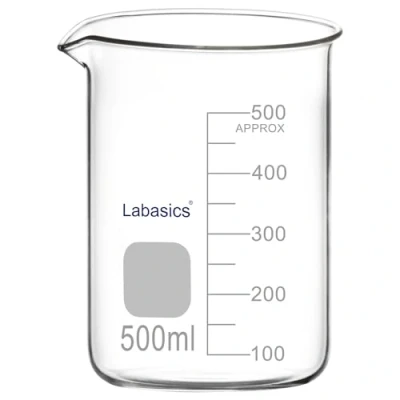 Immagine di Labasics Bicchiere di Vetro, 1 Confezione, Vetro Borosilicato a Forma Bassa Graduato Griffin con Beccuccio Versatore, 500 ml, Resistenza ad Alta Temperatura, Uso in Laboratorio