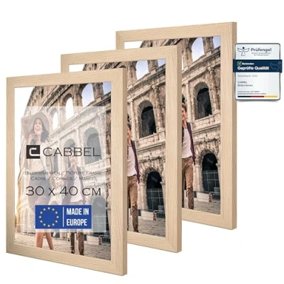 Immagine di CABBEL Set di 3 cornici 30x40 cm in MDF con vetro acrilico infrangibile, ideale per poster e ritratti, colore naturale