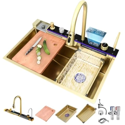 Immagine di FGNIXLN lavello da cucina T304 in acciaio inox, multifunzionale, a cascata, incasso con rubinetto digitale multifunzionale e vari accessori (85x45cm oro)