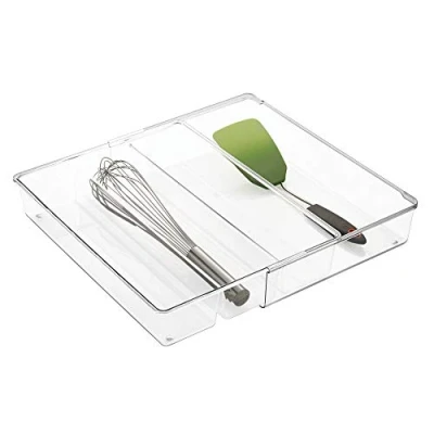 Immagine di iDesign Linus Portaposate da Cassetto, Separatori per Cassetti in Plastica Senza Bpa con 4 Scomparti Lunghi e Parte Estraibile, Trasparente
