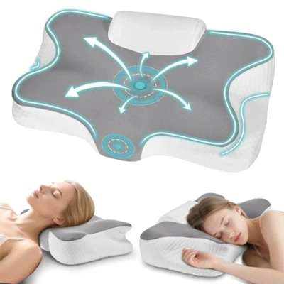 Immagine di Levesolls Cuscino Cervicale per Dormire 2 in 1 Memory Foam Dormitori Laterali, Supini, Proni e Supporto Ergonomico, con Federa Sfoderabile Lavabile, 61x41x12/13cm