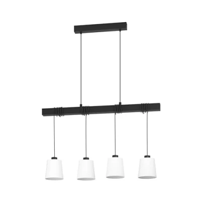 Immagine di Eglo Townshend 8 Lampada a sospensione 4 luci, per da sala pranzo, con trave, in metallo, legno e tessuto, colore bianco nero, attacco E27