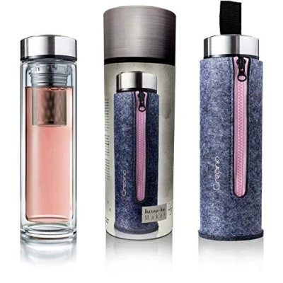Immagine di Creano Thermo Teiera, esclusiva bottiglia da tè a doppia parete con filtro in acciaio inossidabile e coperchio un elegante sacchetto di feltro, (400 ml) una confezione regalo rosa