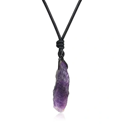 Immagine di COAI Pendente Unisex in Ametista Grezza, Collana con Laccio Pelle Regolabile