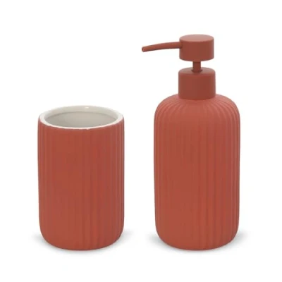 Immagine di Inbagno Set Accessori Bagno 2 Pezzi in Ceramica Rosso Mattone cannettato, Dispenser Sapone e portaspazzolini Soft Touch, Spring