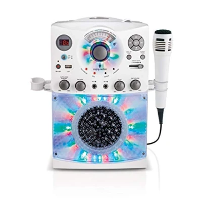 Immagine di Sistema karaoke con connessione Bluetooth Singing Machine SML385U in bianco per Europa Effetti di luce LED, microfono, USB, uscite RCA, regolatore Echo e bilanciamento ingresso AUX.
