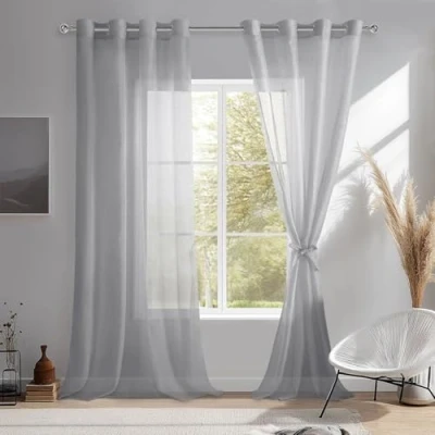 Immagine di DWCN Sheer Set di 2 tende trasparenti in voile con occhielli, per camera da letto, cameretta dei bambini, soggiorno, grigio, 225 x 140 cm (altezza larghezza)