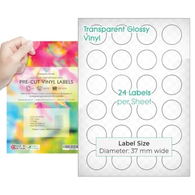 Immagine di Evergreen Goods™ etichette adesive rotonde pretagliate in formato A4, trasparente/trasparente, 37 mm (24 per foglio, 240 totale) 10 fogli Adesivo a getto d&#039;inchiostro