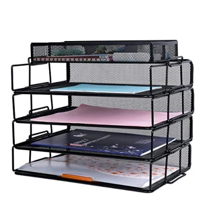 Immagine di Exerz, organizer da scrivania in rete metallica, confezione 5 pezzi, impilabile a 4 ripiani, con per accessori, scomparti, multifunzione, ufficio, scuola, studio, colore: nero