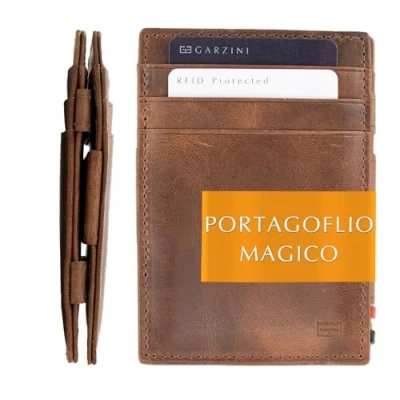 Immagine di GARZINI Portafoglio Magico in vera pelle, sottile e minimalista Magic Wallet da uomo con sistema di blocco RFID, Brushed Brown