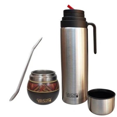 Immagine di Gaucho Bruno Mate in acciaio inossidabile per bere Yerba Mantiene la temperatura della bevanda con Bombilla e thermos da 1 Litro Beccuccio di Precisione &quot;pico Cebador&quot;