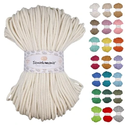 Immagine di Sznurkomania Cavo di Cotone Intrecciato 5mm 100m, 46 Colori, all&#039;Uncinetto, Macrame, Filato Premium, Corda (Ecrù)