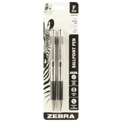 Immagine di Zebra® F 301 Penne a sfera retrattili in acciaio inox, punta fine, 0,7 mm, inchiostro nero, confezione da 2