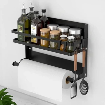 Immagine di DUNSOO Porta Spezie per Cucina, Scaffale Portaspezie Frigorifero con Rotolo da Cucina e 4 Gancio, Mensola Salvaspazio Corridoio, Bagno o Forte Bello, Pratico(nero)