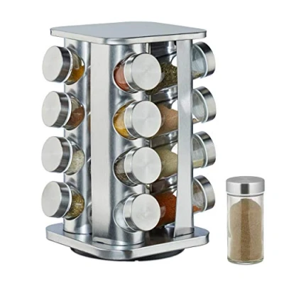 Immagine di Relaxdays Portaspezie con 16 Barattoli, Girevole a 360, Tappi Spargispezie, Acciaio Inox, Argento