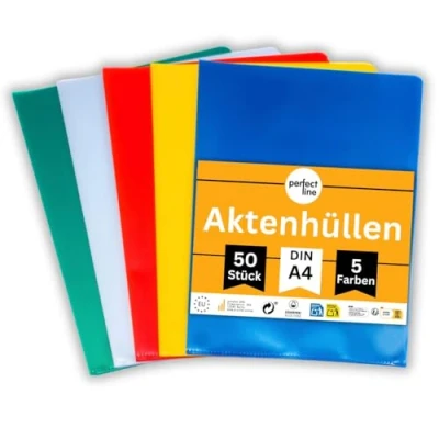 Immagine di perfect line 50 DIN a4 Cartelline a L trasparenti, 5 colori, raccoglitore documenti zigrinato, cartellina portadocumenti valide per ufficiali, Made in EU